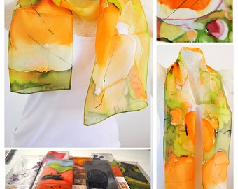 Silk scarf, Handmade, unique, silk accessories, gift idea, Beautiful modern scarf, gift for her, 100% silk