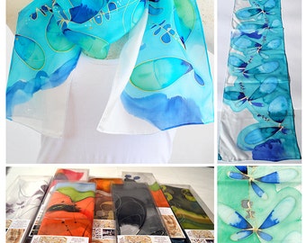 Silk scarf, Handmade, unique, silk accessories, gift idea, Beautiful modern scarf, gift for her, 100% silk