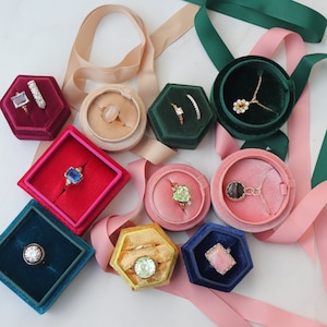 Velvet Ring or Pendant Box ~ Round Square Hexagon Small Medium 2 slot one slot pink green blue champagne red golden