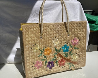 Bolso de playa vintage de ratán XL con flores bordadas, estilo Tiki, años 50 y 60