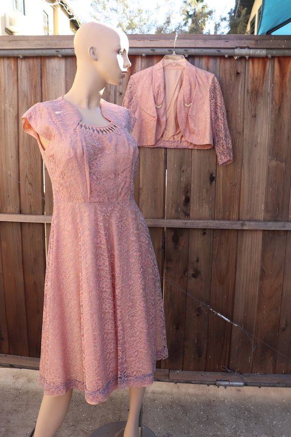 2 pc Vintage Pink Lilac Blue Lace Dress w Jacket … - image 1