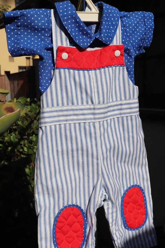 1950s 1960s 2pc Overalls Shirt by Thomas 6-9 Mon Red White