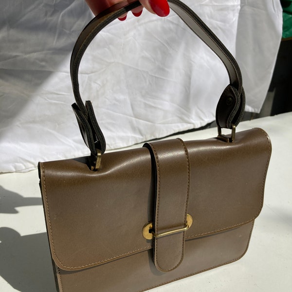 Vintage 1950s 1960s Chocolate Brown Faux Leather Expanding Bag Purse Rome?