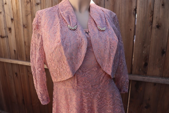 2 pc Vintage Pink Lilac Blue Lace Dress w Jacket … - image 10