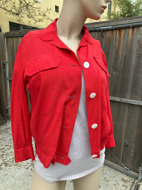 Vintage Bright Red Irish Linen Jacket/ Shirt 1950s
