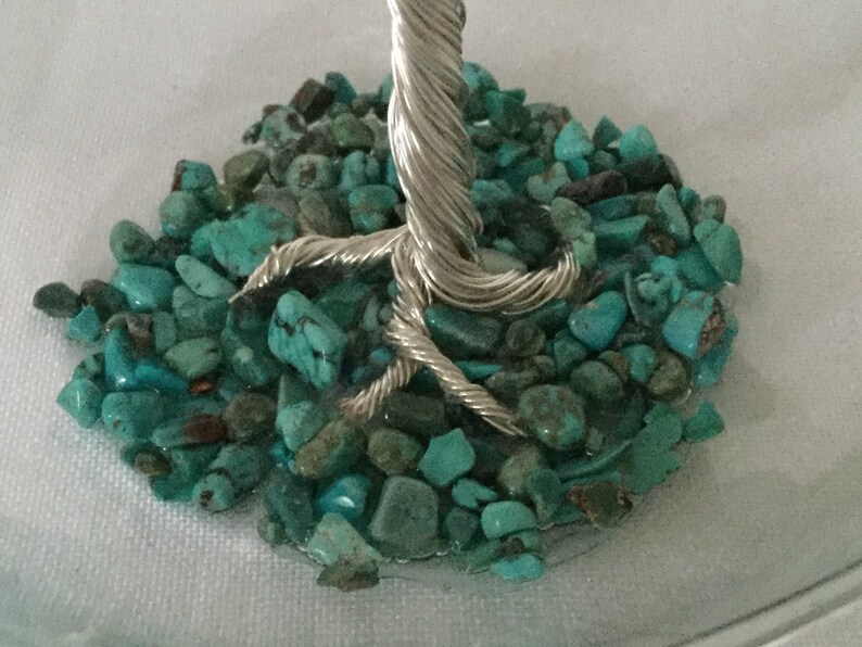 Birthstone Christmas Tree Decoration Turquoise Wire Sculpture Silver plated December Birthstone Gemstone Tree Glass Bauble Blue tree