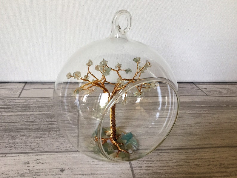 Birthstone Christmas Tree Decoration Turquoise Wire Sculpture Silver plated December Birthstone Gemstone Tree Glass Bauble Blue tree