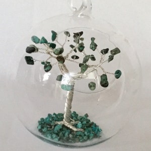 Birthstone Christmas Tree Decoration Turquoise Wire Sculpture Silver plated December Birthstone Gemstone Tree Glass Bauble Blue tree