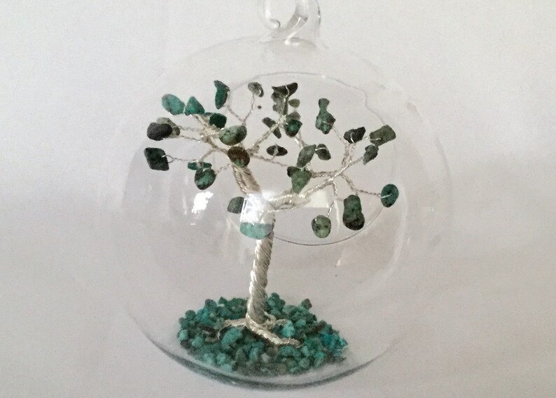 Birthstone Christmas Tree Decoration Turquoise Wire Sculpture Silver plated December Birthstone Gemstone Tree Glass Bauble Blue tree