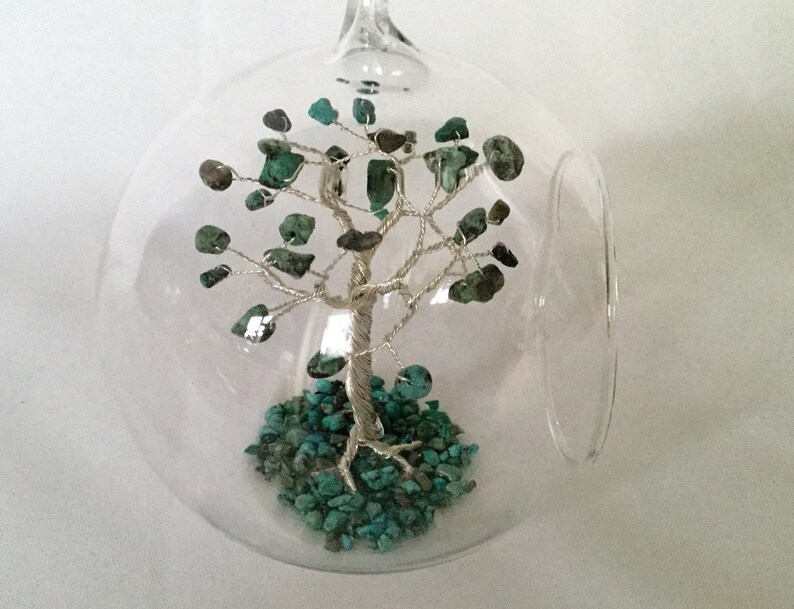 Birthstone Christmas Tree Decoration Turquoise Wire Sculpture Silver plated December Birthstone Gemstone Tree Glass Bauble Blue tree