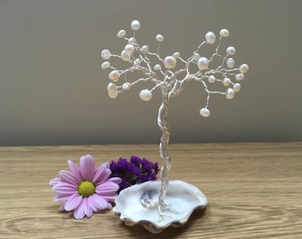 Little Pearl Tree Sculpture. Pearl wedding anniversary gift. 30th anniversary gift. Pearl & Oyster Mini Wire Tree Ornament. Silver Plated