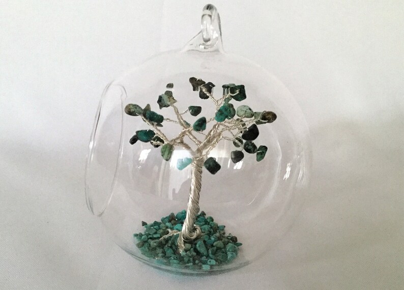 Birthstone Christmas Tree Decoration Turquoise Wire Sculpture Silver plated December Birthstone Gemstone Tree Glass Bauble Blue tree