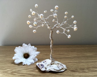 Small Pearl Tree Sculpture. Pearl wedding anniversary gift. 30th anniversary gift. Pearl & Oyster Mini Wire Tree Ornament. Silver Plated