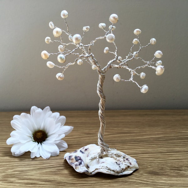 Small Pearl Tree Sculpture. Pearl wedding anniversary gift. 30th anniversary gift. Pearl & Oyster Mini Wire Tree Ornament. Silver Plated