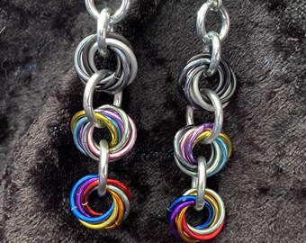 Fidget Drop Earrings, Multicolour Chainmaille Dangle Earrings, Rainbow Fidget Jewellery, Fun Drop Earrings, Chainmaille Mobius Earrings