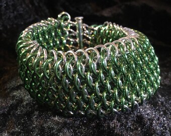 Dragonscale Chainmaille Bracelet - Dragonscale Cuff Bracelet - Green Dragonscale Bracelet