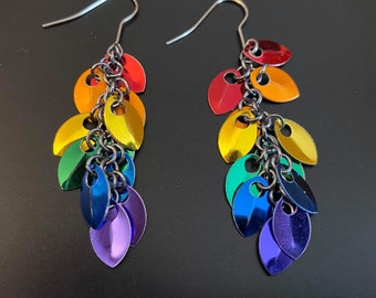 Rainbow Earrings, Rainbow Chainmaille Earrings, LGBTQIA2+ Earrings, Queer Pride Earrings, Rainbow Cluster Earrings