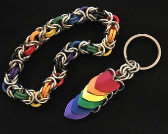 Fidget Special - Byzantine Chainmaille Bracelet and Rainbow Key Chain Set