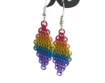 Rainbow Earrings - Diamond Shaped Chainmaille Earrings - Pride Earrings