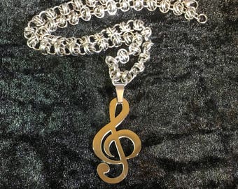 Music Necklace - Chainmaille Necklace with Music Pendant - Stainless Steel Necklace with Treble Clef Pendant