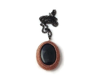Wrapped Chainmaille Pendant - Blue Goldstone Pendant Wrapped in Copper - Statement Pendant