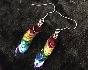 Rainbow Dragontail Earrings - Scalemaille Rainbow Earrings - Drop Earrings in Rainbow Colours