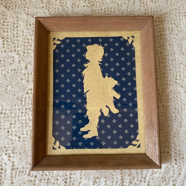 Vintage framed scherenschnitte paper cut out boy and teddy bear nursery framed art