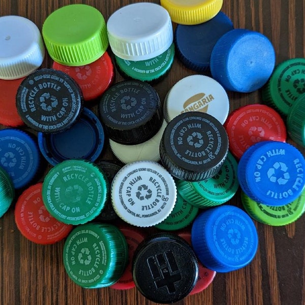 Lot of 40 White / Clear / Green / Red/ Blue Plastic Bottle Caps Lids Tops for Craft and Art Project Melt