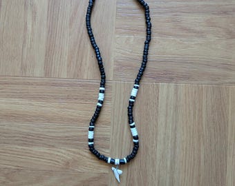 18” Necklace – Black/White Coconut beads w/ Shark Teeth, Surfer Choker