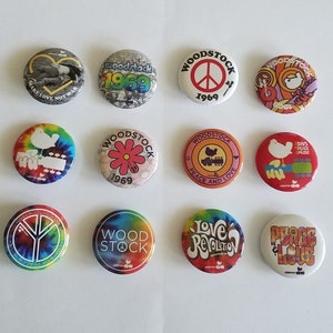 Lot of 12 1.25" Pinback Button Badge Woodstock music band funs festival (1-1/4" pins, Approx. 32mm)