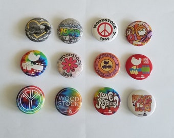 Lot of 12 1.25" Pinback Button Badge Woodstock music band funs festival (1-1/4" pins, Approx. 32mm)