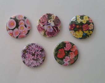 Floral Pinback Buttons, Fridge Magnets, Party Favors - 1.25" Handmade, Set of 5