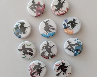 Witches Silhouettes Buttons - Halloween Pinback, Fridge Magnet Set (1.25", Lot of 6)