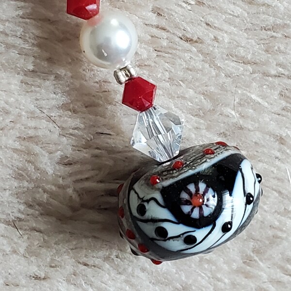 Scissor Fob - Black, white and red lampworked bead with Swarovski crystals and pearls