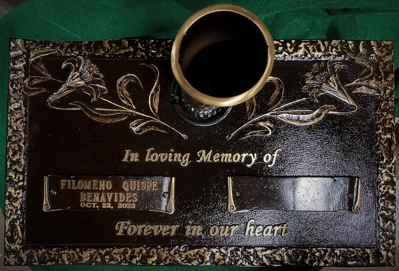 Flat Bronze Grave Marker With Vase Lily Rock Edge Design Etsy