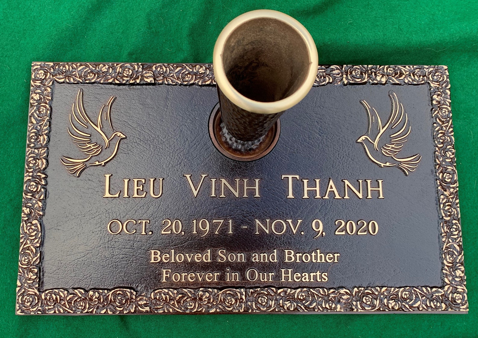 Bronze Grave Marker With Hammered Vase Rose Bud Border Design 24x14 Etsy