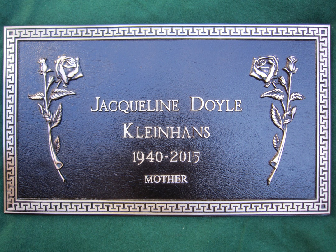 Flat Bronze Cemetery Marker Greek Key Design With Standing Roses 24x14