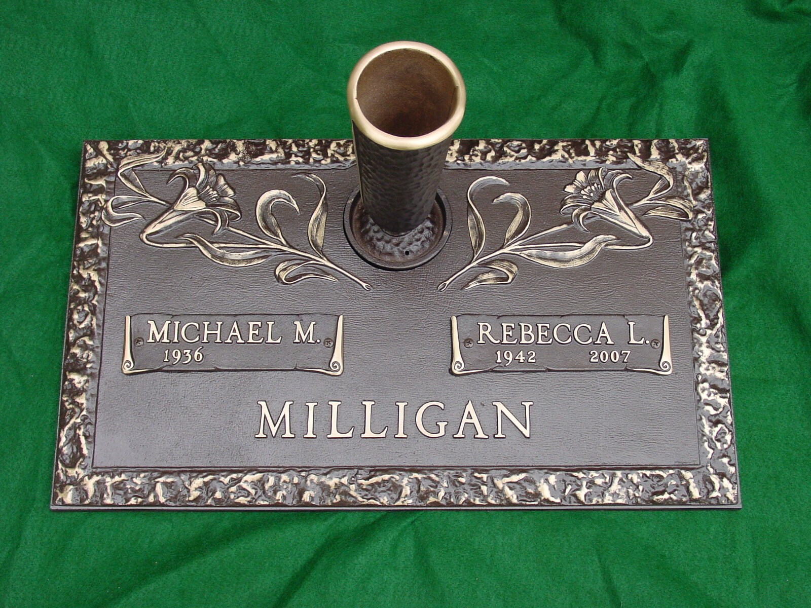 Flat Bronze Grave Marker With Vase Lily Rock Edge Design Etsy