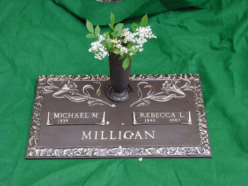 Flat Bronze Grave Marker With Vase Lily Rock Edge Design Etsy
