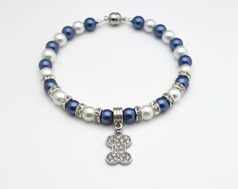 Blue & White Pearl Dog Collar, Beaded Dog Collar with Rhinestone Bead Accents and Rhinestone Dog Bone Charm