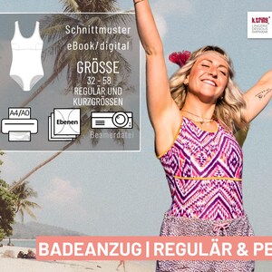 May include: A woman in a patterned swimsuit and shorts poses on a beach. The image includes text indicating a digital swimsuit pattern, sizes 32-58, and regular and petite sizes. The background features palm trees and a sunny sky.