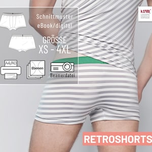 Könnte beinhalten: Ein digitales Schnittmuster für Retro-Shorts, erhältlich in den Größen XS bis 4XL. Das Schnittmuster kann auf A4- oder A0-Papier gedruckt oder auf Stoff projiziert werden. Das Bild zeigt ein Model, das die fertigen Shorts trägt, die in Grau und Weiß gestreift sind.