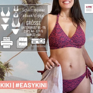 Könnte beinhalten: Eine Frau trägt einen zweiteiligen Bikini mit geometrischem Muster in Rot- und Marineblautönen. Das Bild enthält Text, der darauf hinweist, dass es sich um ein digitales Schnittmuster für einen Bikini handelt, mit Größenangaben für Brustumfang und Slip in cm.
