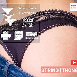 Puede incluir: Tanga de encaje negro con ribete blanco. La imagen incluye el texto "STRING|THONG" y "GROSSE 32-58".