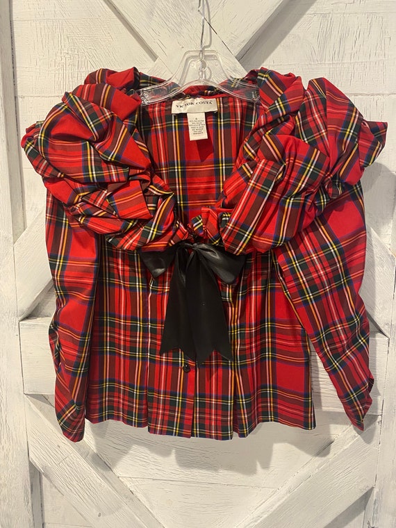 Vintage Victor Costa Blouse Size 6 Red Plaid Ruffl