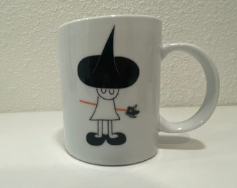 Vintage Halloween coffee mug, stick figure witch