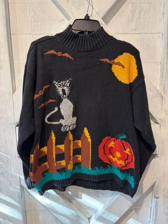vintage Halloween sweater, spooky scene, pumpkin, cat, bats, Jason Maxwell, M.