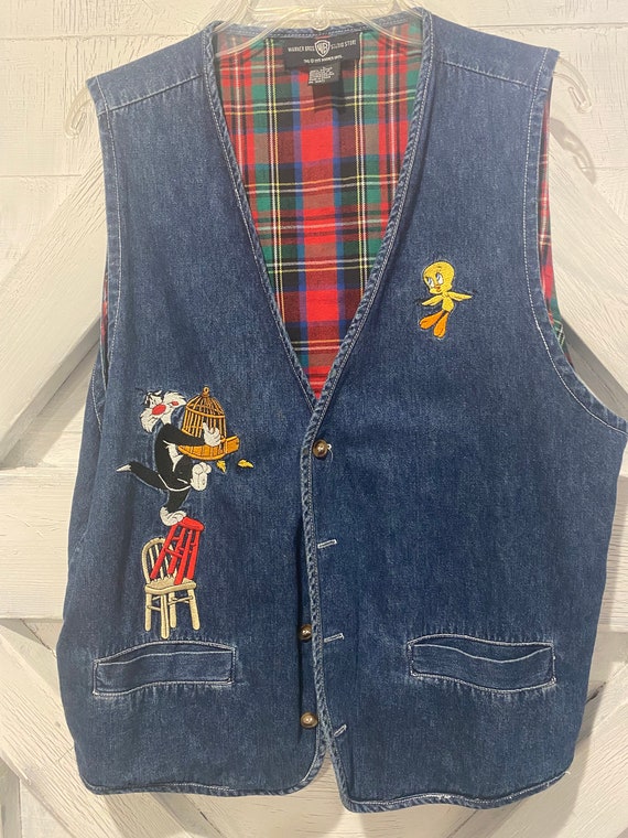 1995 Warner brothers denim vest, tweety bird, Syl… - image 1