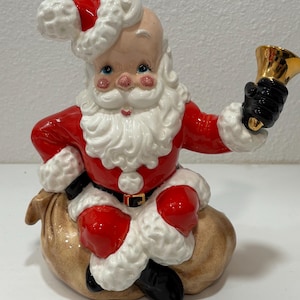 VINTAGE Atlantic Mold ceramic Music Box Santa Claus Sitting Ringing Bell 1960s