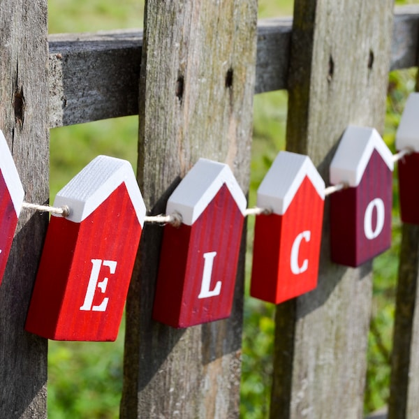 Schwedenhaus-Girlande rot Schweden Skandinavien Haus Türschild Namensschild Eingang Welcome Willkommen Zaun